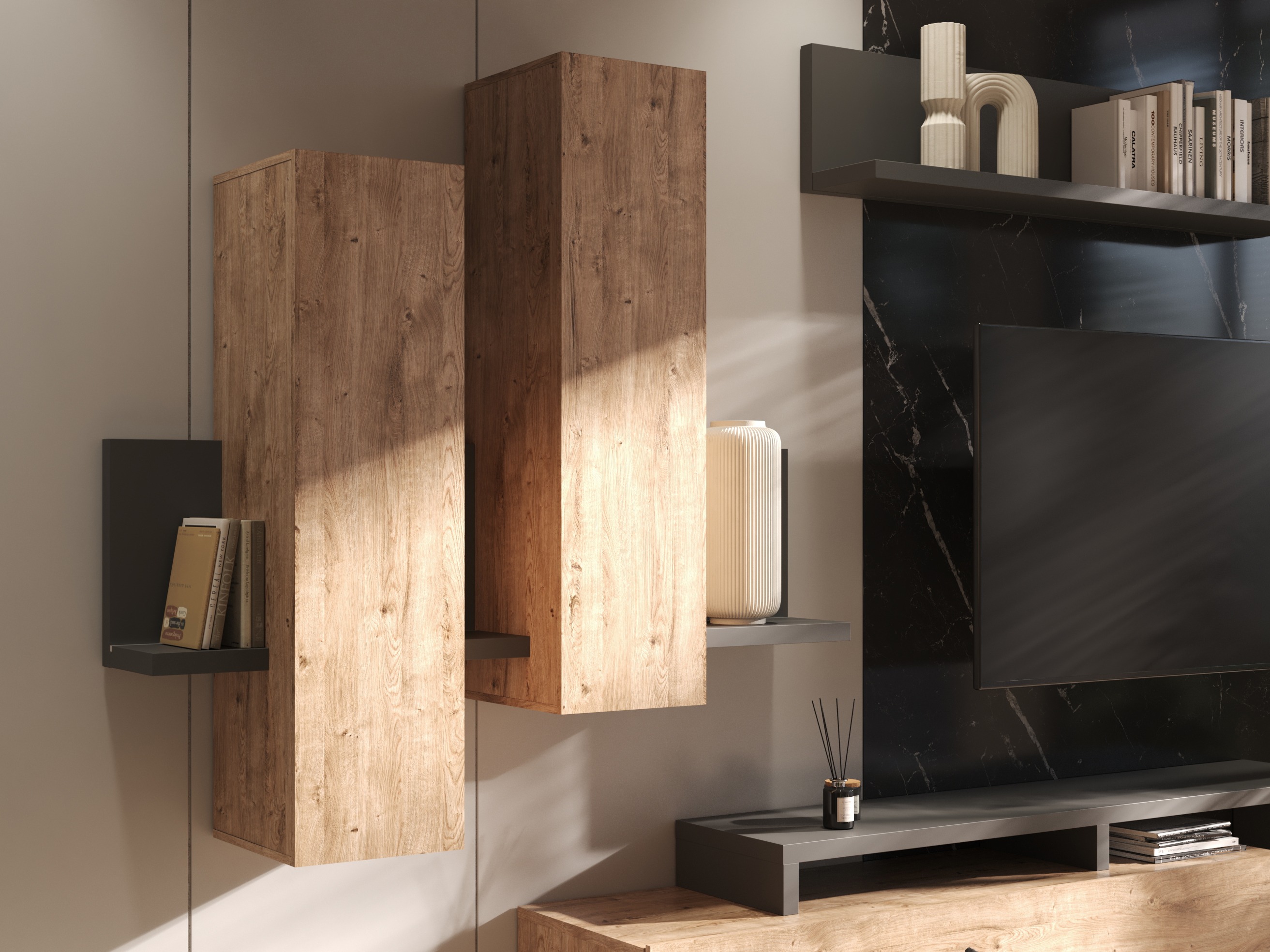 Pakabinama spintelė Lutiva 101 (Antracitas + Ribbec ąžuolas)