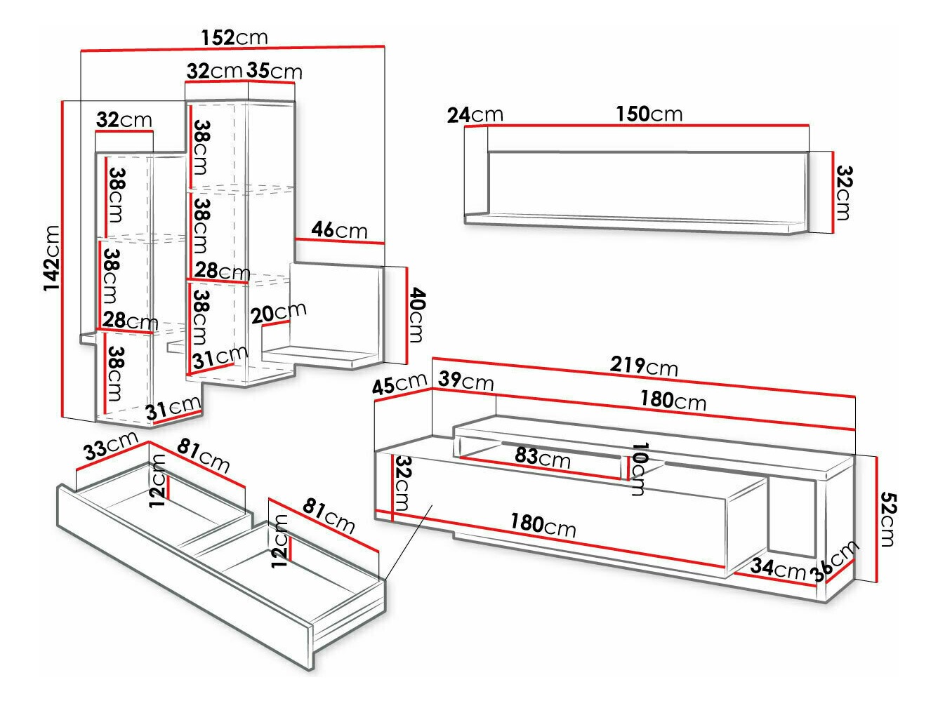 Svetainės komplektas Lutiva 100 (Balta + Betonas)
