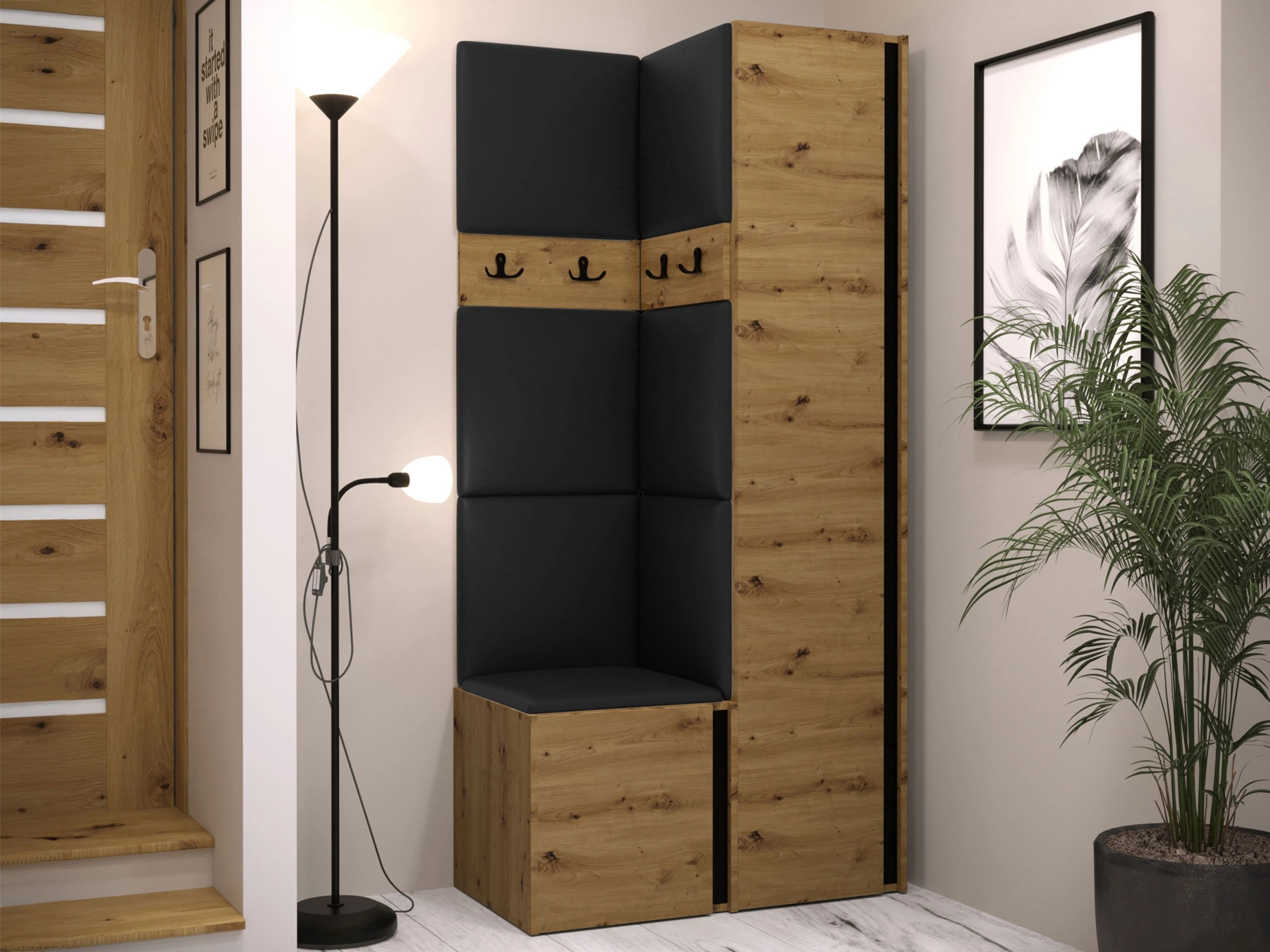 Prieškambario komplektas Pinis XXIV (Artisan ąžuolas + Juoda)