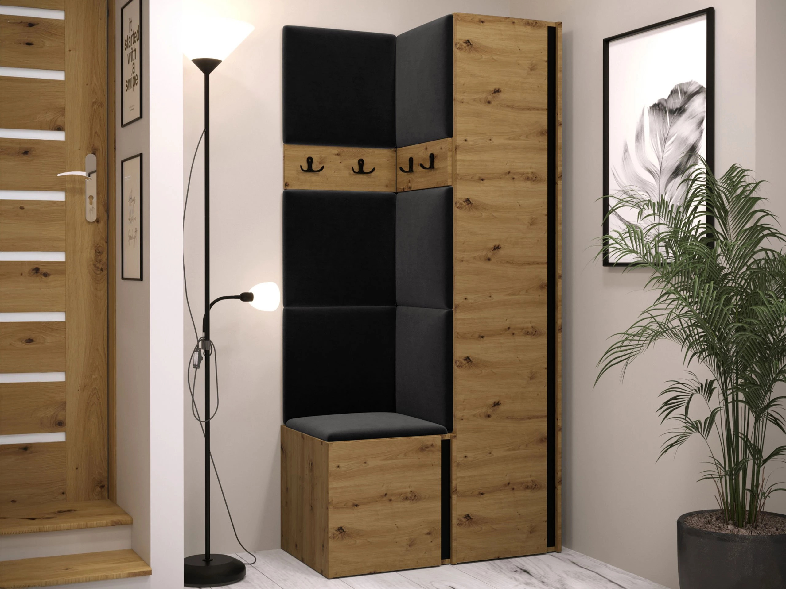 Prieškambario komplektas Pinis XXIV (Artisan ąžuolas + Juoda)