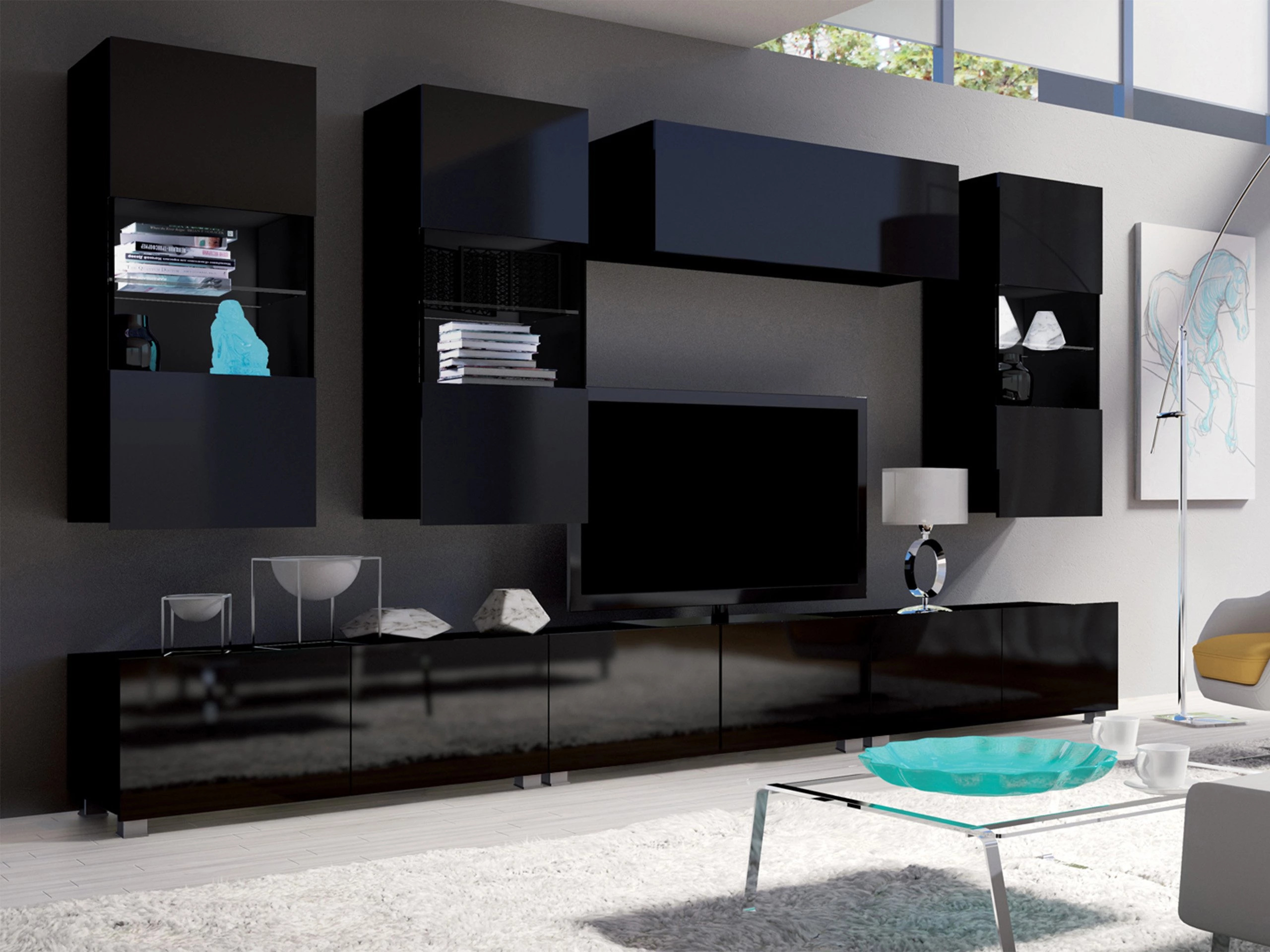 Pakabinama spintelė Remus I (Juoda + Blizgi juoda)