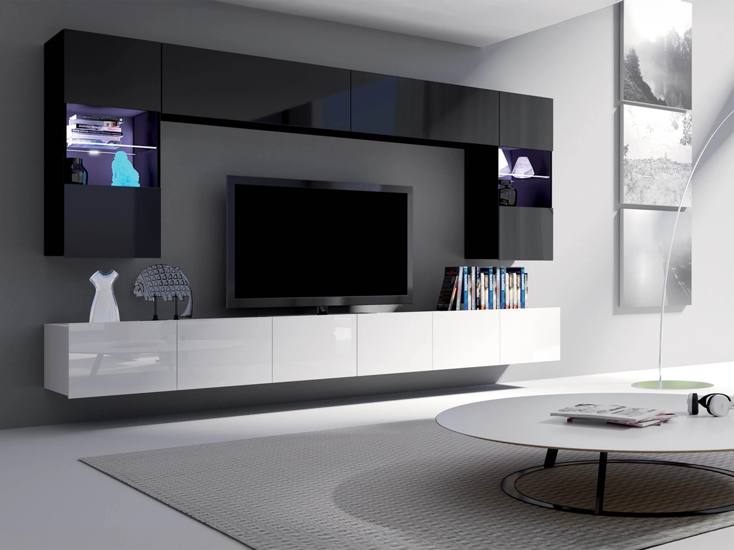 Svetainės komplektas Remus I (Blizgi balta + Blizgi juoda)