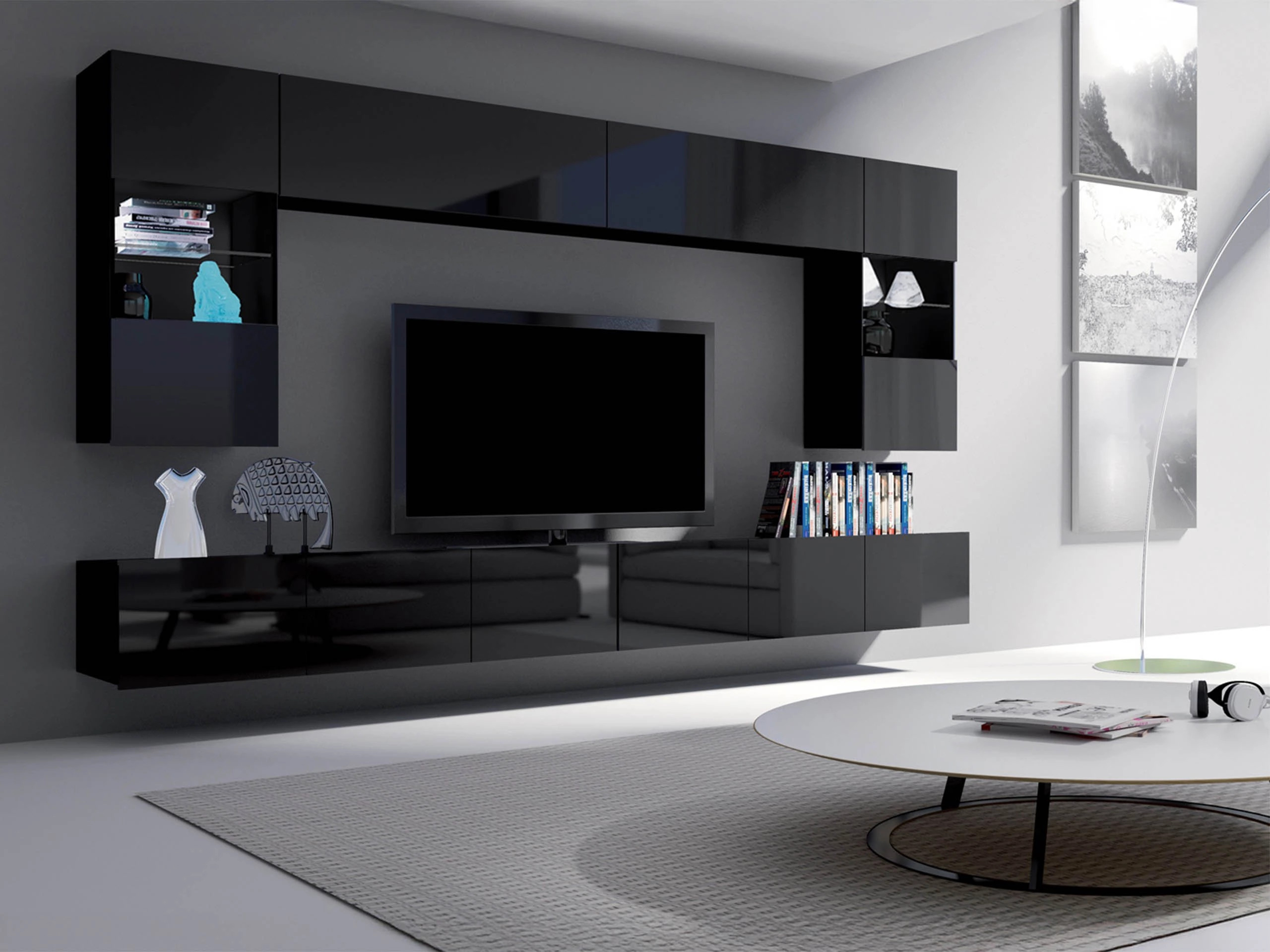 Svetainės komplektas Remus I (Juoda + Blizgi juoda)