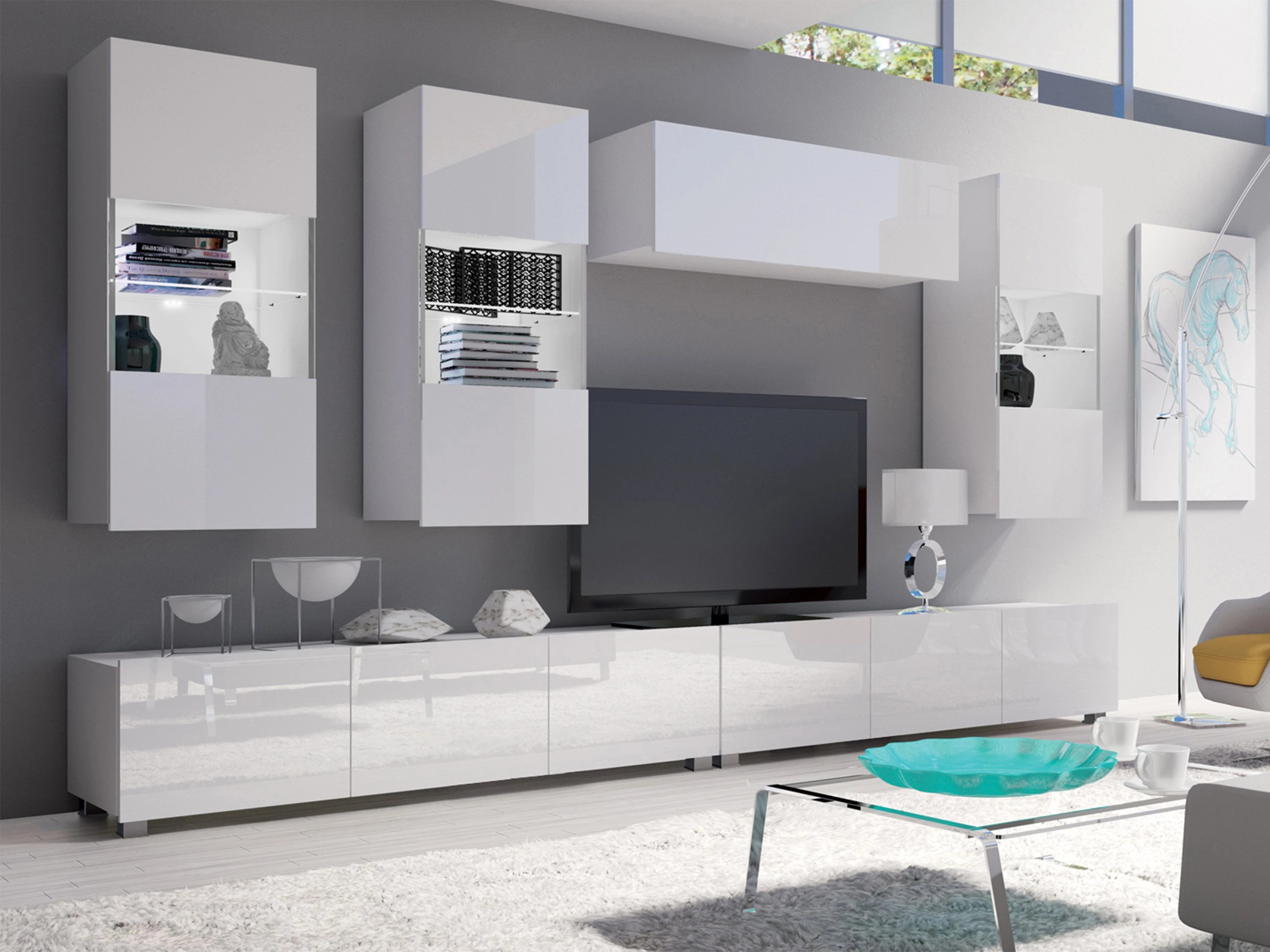 Svetainės komplektas Remus V (Balta + Blizgi balta)