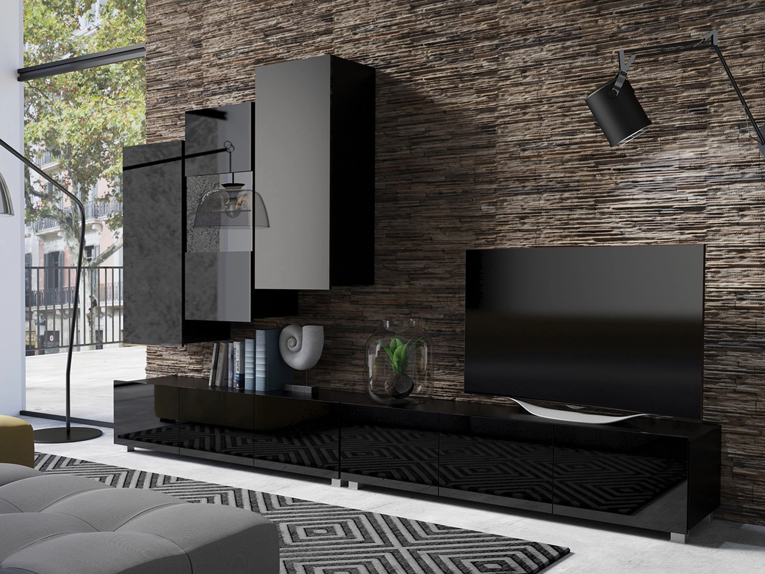 Pakabinama spintelė Remus III (Juoda + Blizgi juoda)