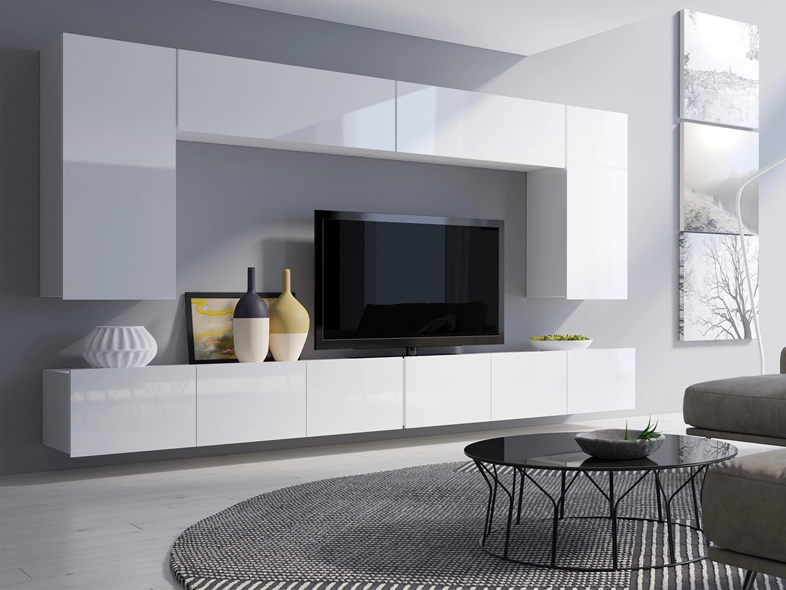 Svetainės komplektas Remus XIII (Balta + Blizgi balta)