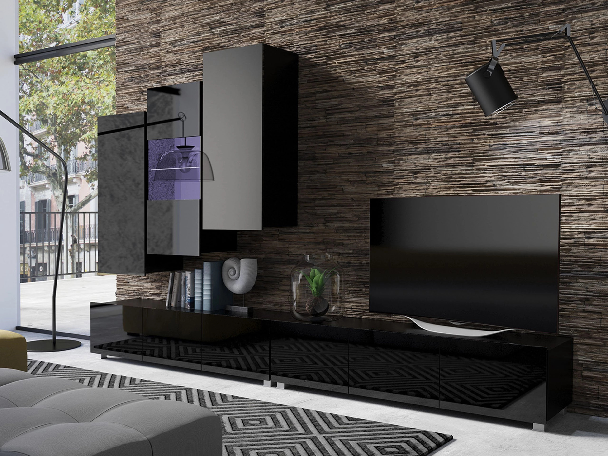 Svetainės komplektas Remus XVII (Juoda + Blizgi juoda)