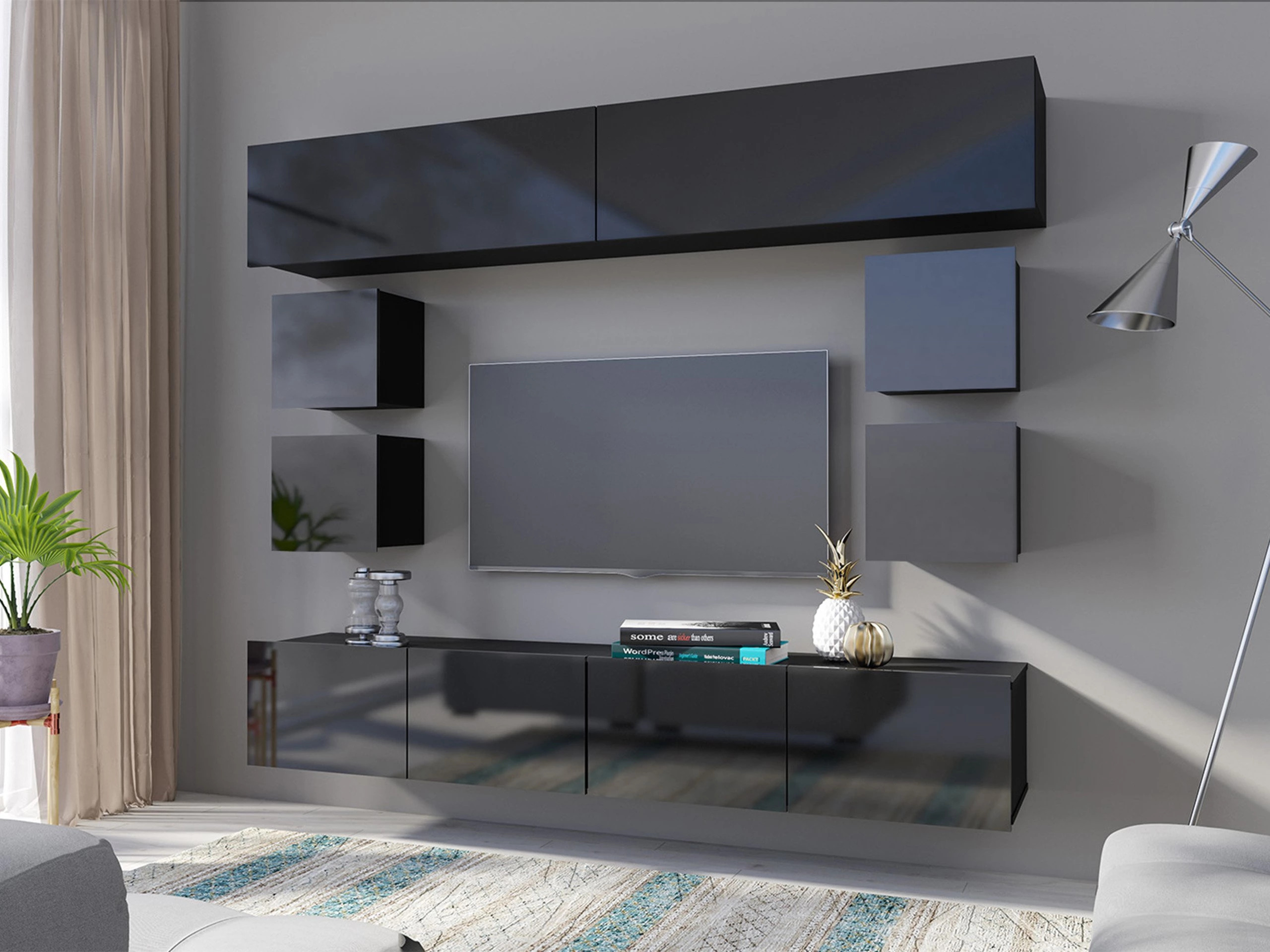 Svetainės komplektas Remus XVI (Juoda + Blizgi juoda)