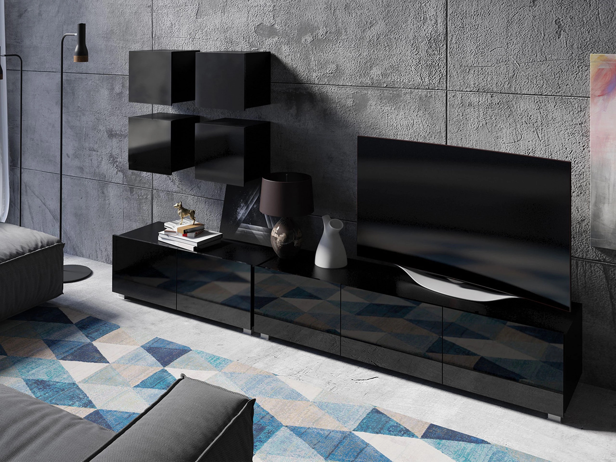 Svetainės komplektas Remus XVIII (Juoda + Blizgi juoda)