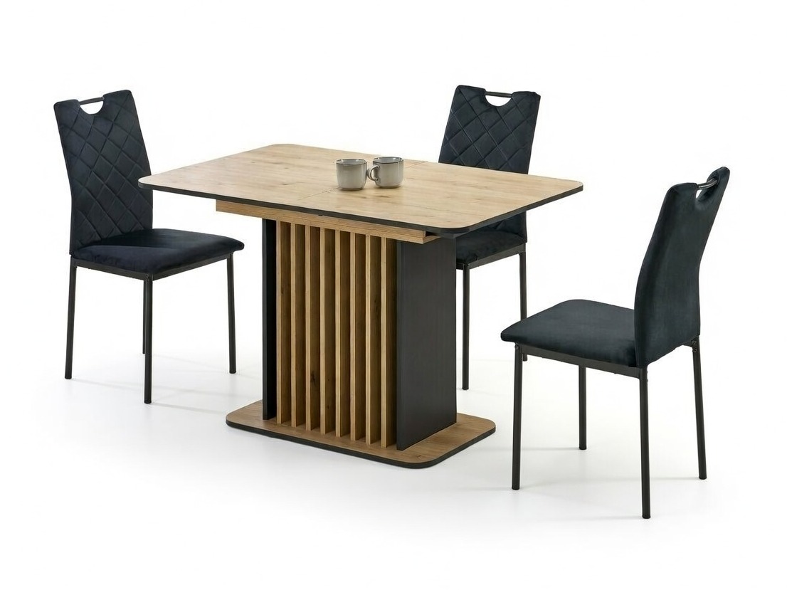 Svetainės valgomojo komplektai su juodomis kėdėmis