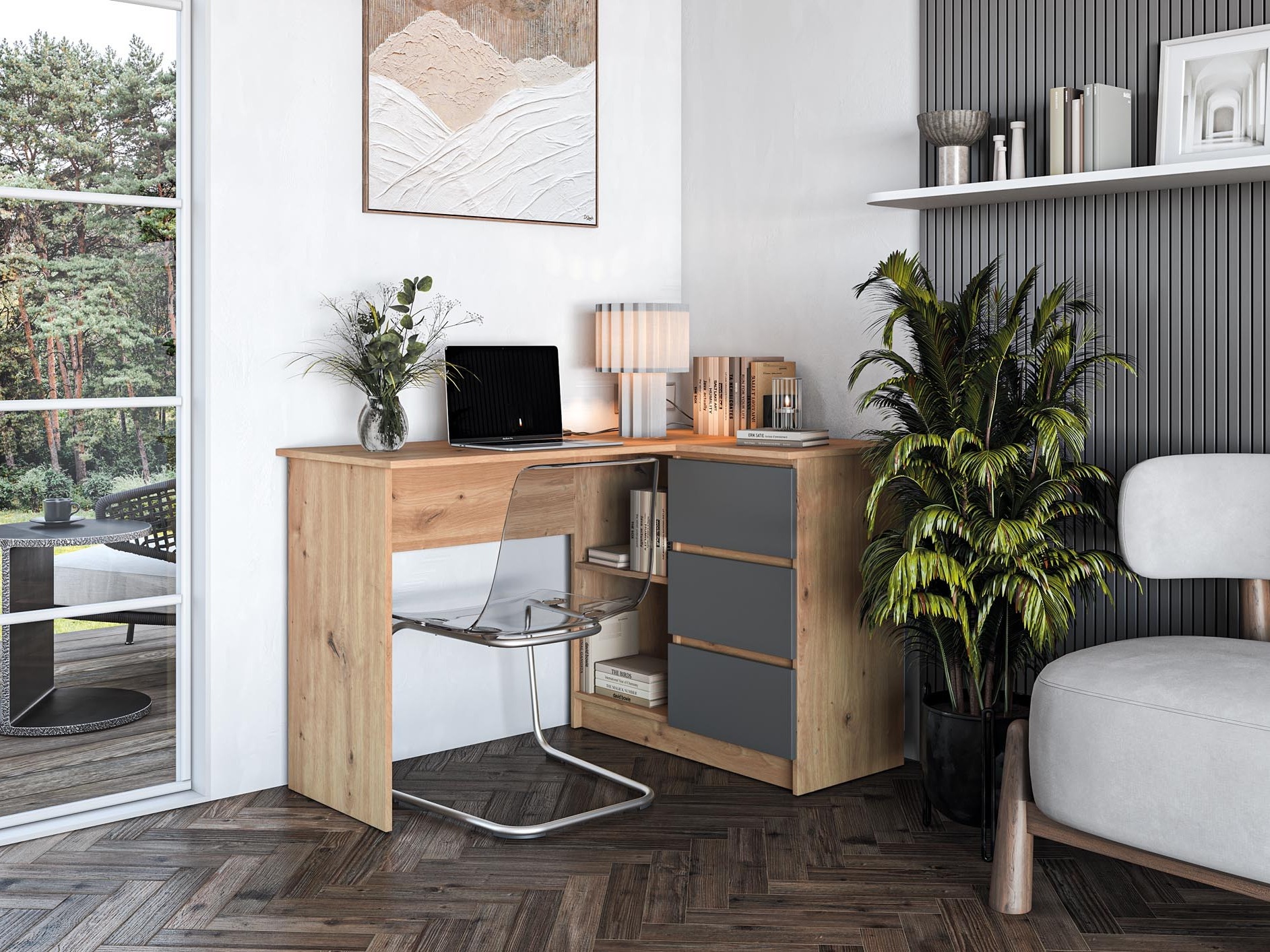 Kampinis darbo stalas Houston 1950 (Grafitas + Artisan ąžuolas)