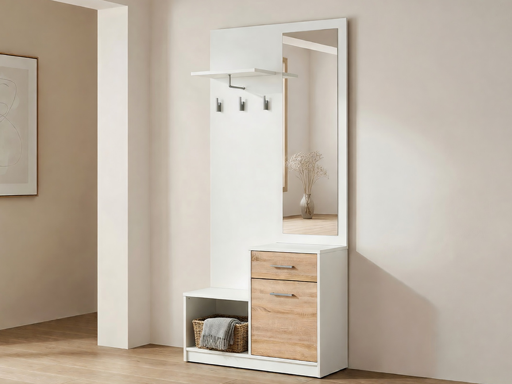 Prieškambario komplektas Novsore 121 (Balta + Sonomos ąžuolas)