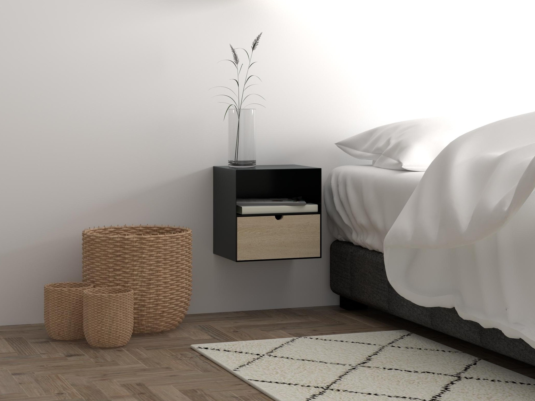 Naktinis staliukas Norsica 375 (Juoda + Šviesus medis)