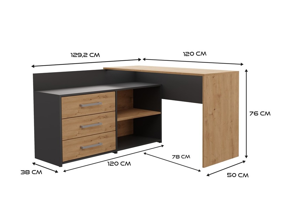 Kampinis darbo stalas Mandeville 131 (Antracitas + Artisan ąžuolas)