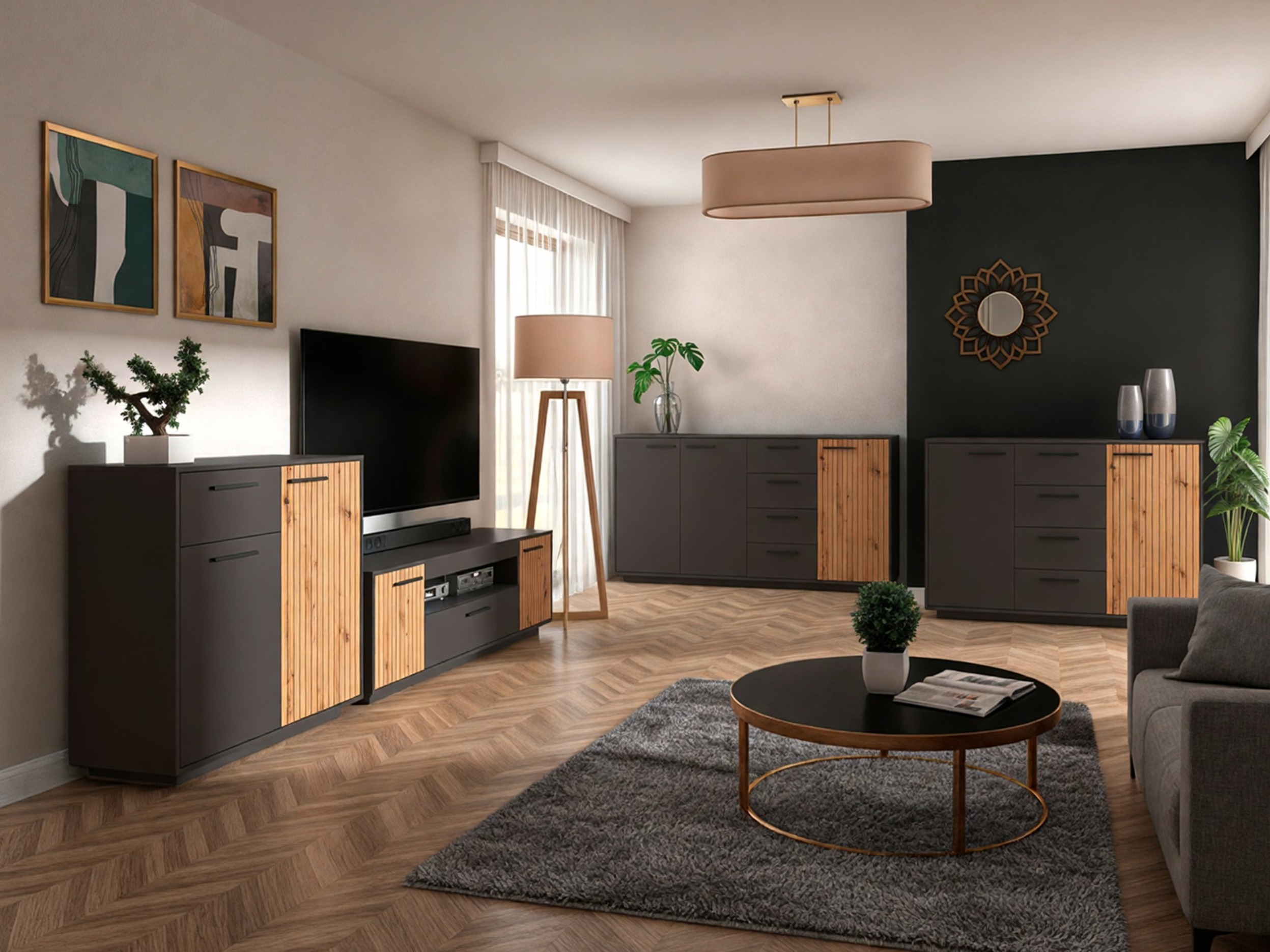 Komoda Melvelo 100 (Antracitas + Artisan ąžuolas)