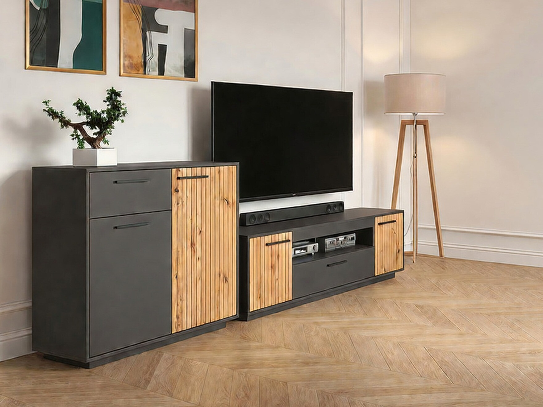 Svetainės komplektas Melvelo 104 (Antracitas + Artisan ąžuolas)