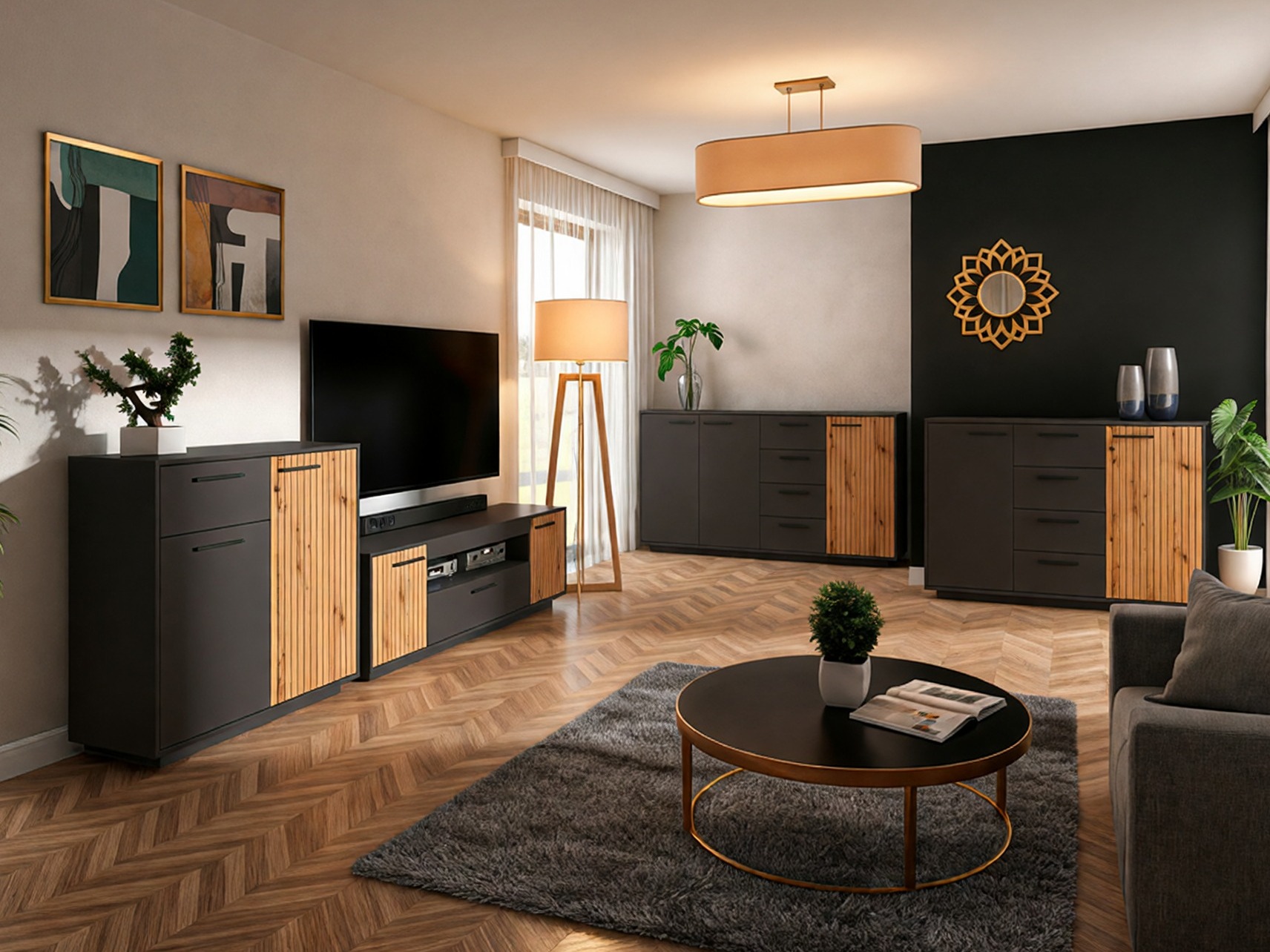 TV staliukas Melvelo 103 (Antracitas + Artisan ąžuolas)