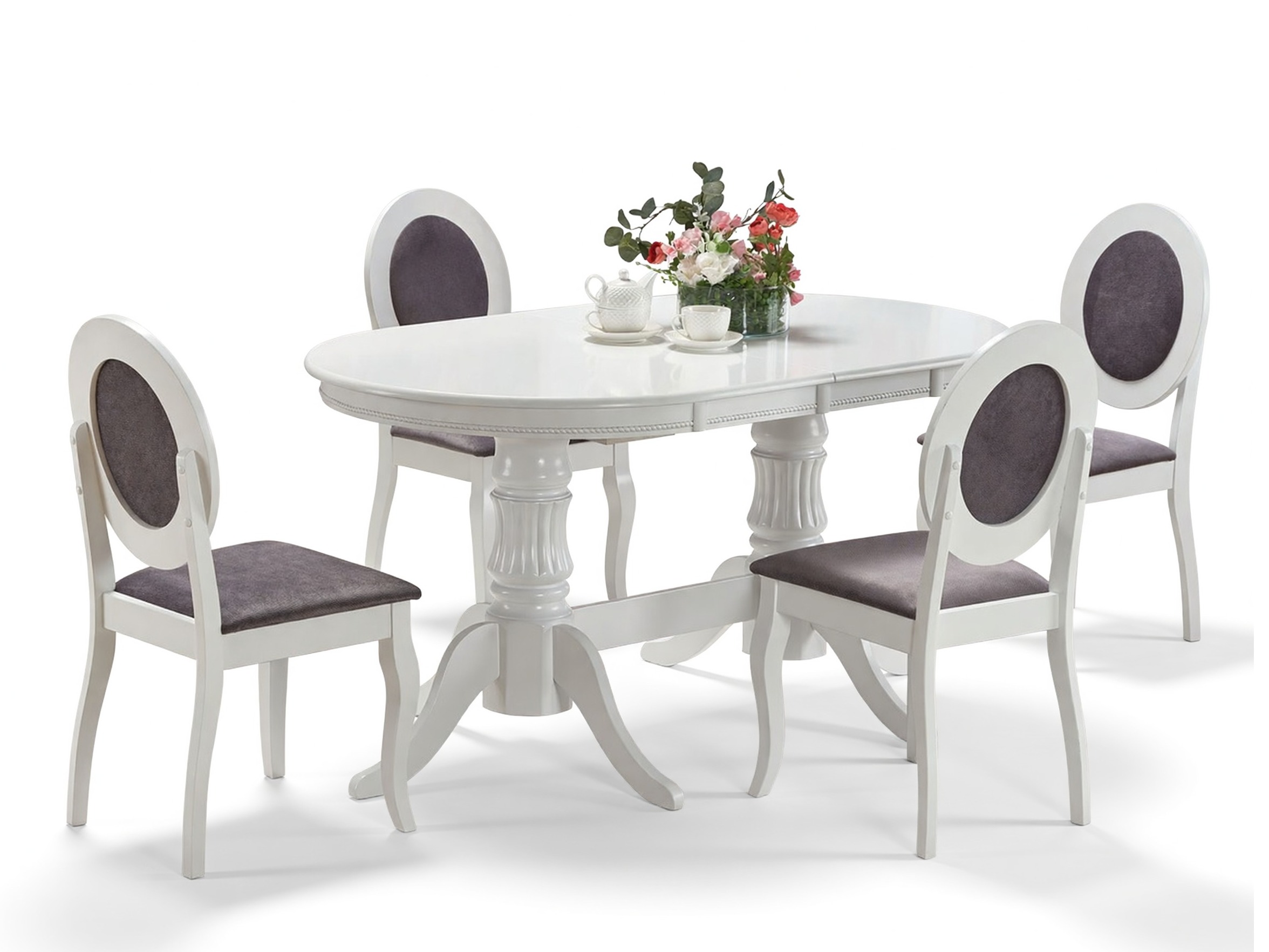 Svetainės valgomojo komplektai su baltu stalu