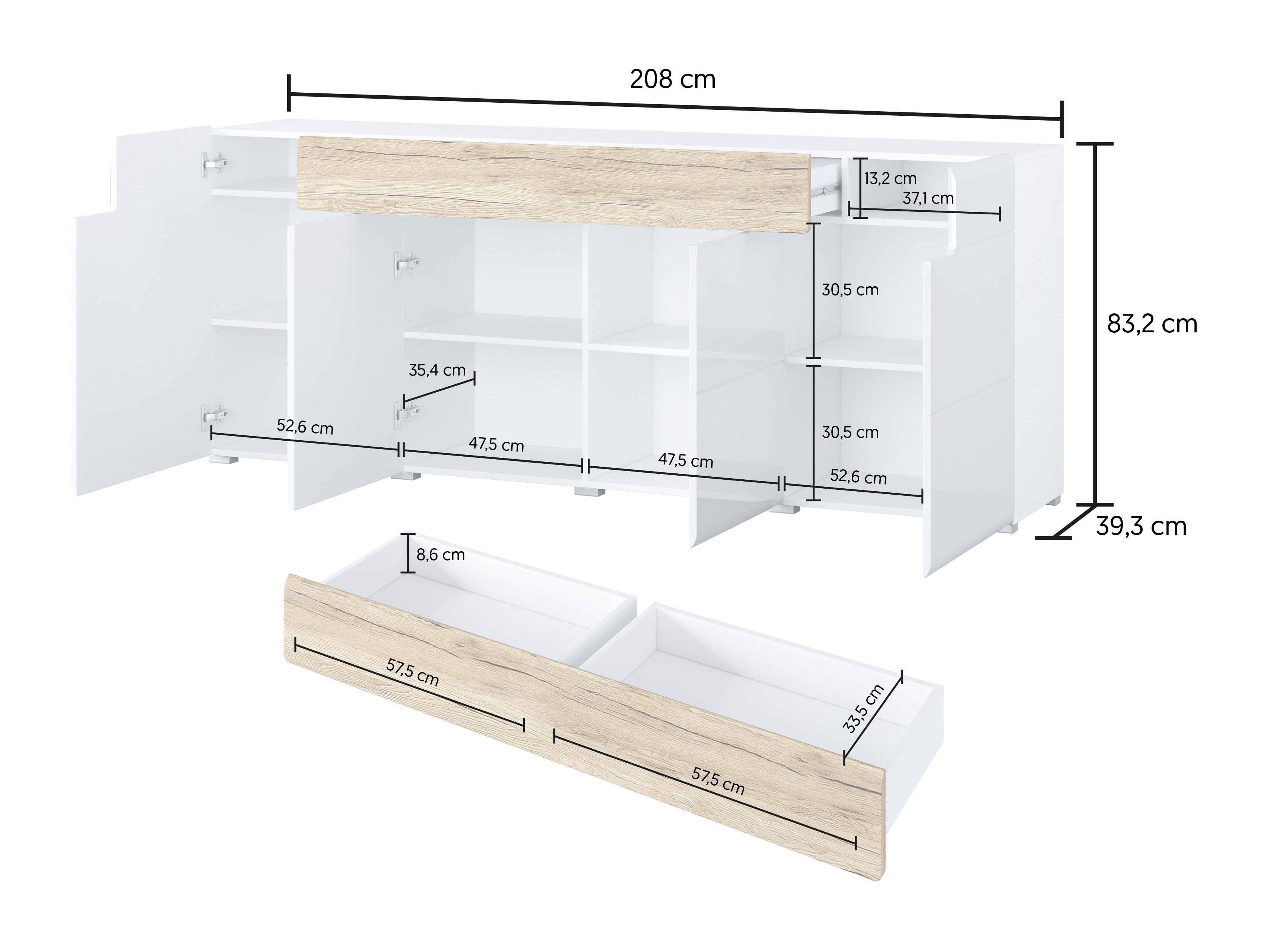 Komoda Torsone 102 (Balta + Blizgi balta + San Remo ąžuolas)