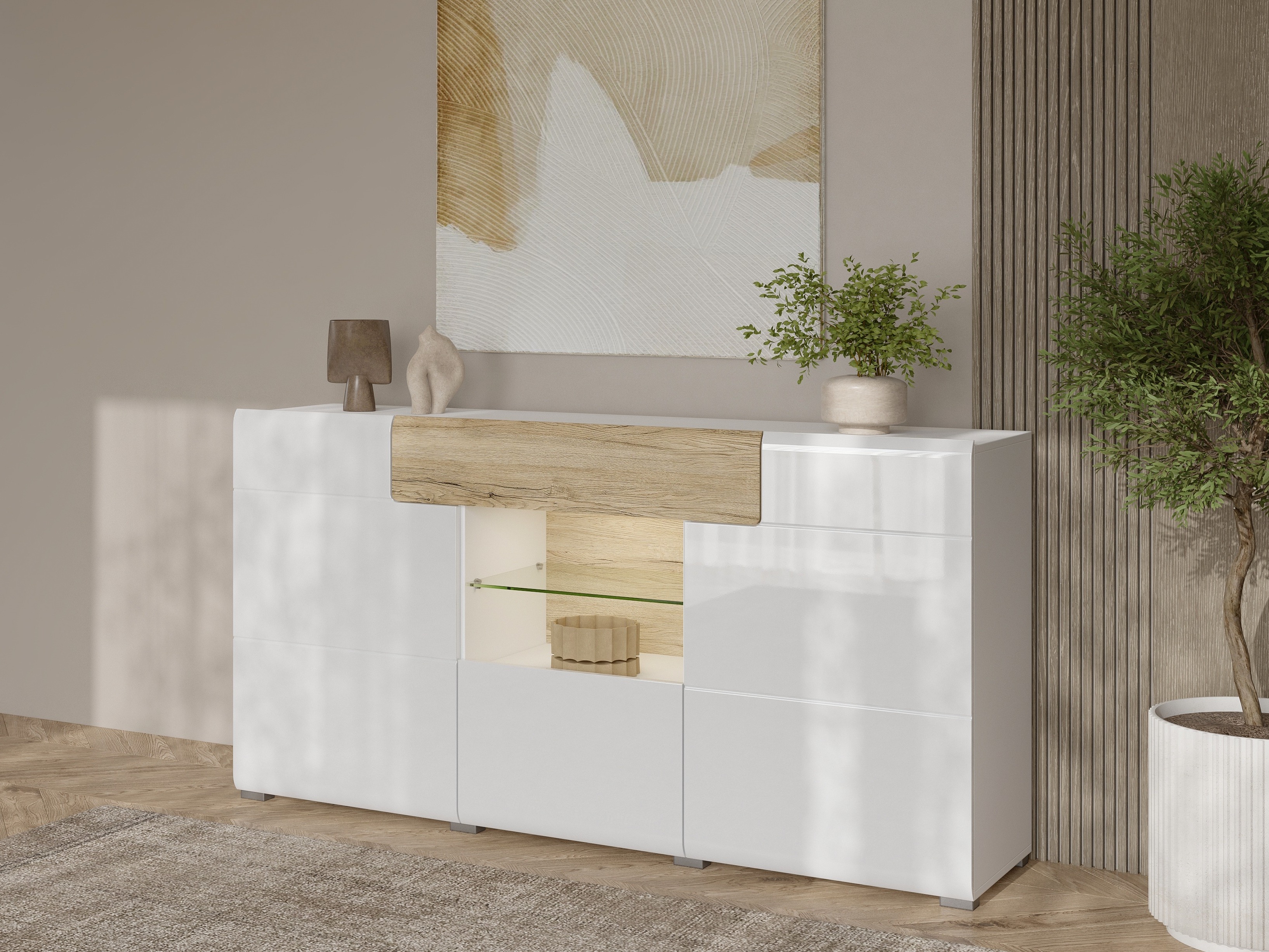 Komoda Torsone 108 (Balta + Blizgi balta + San Remo ąžuolas)