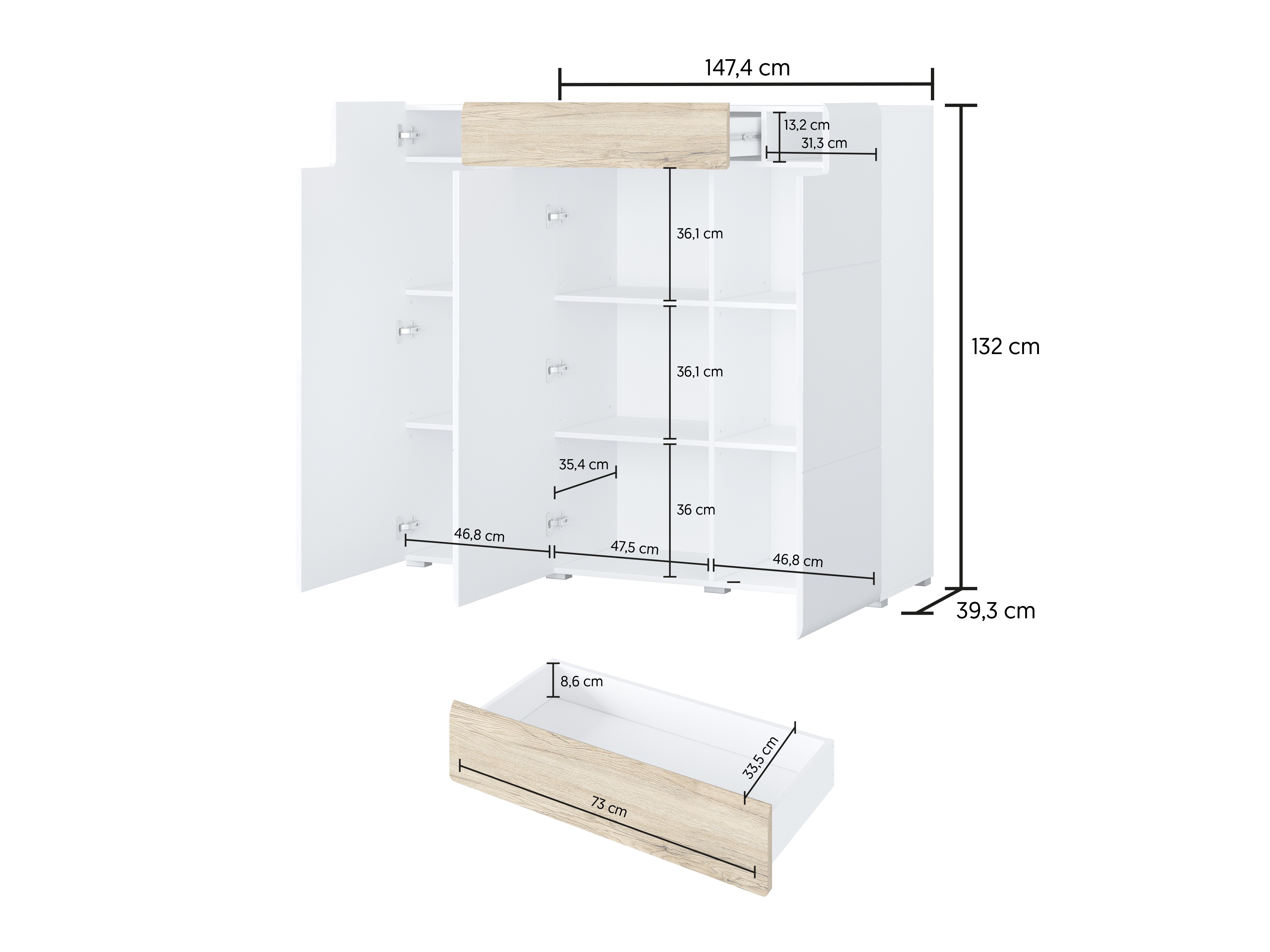 Komoda Torsone 112 (Balta + Blizgi balta + San Remo ąžuolas)