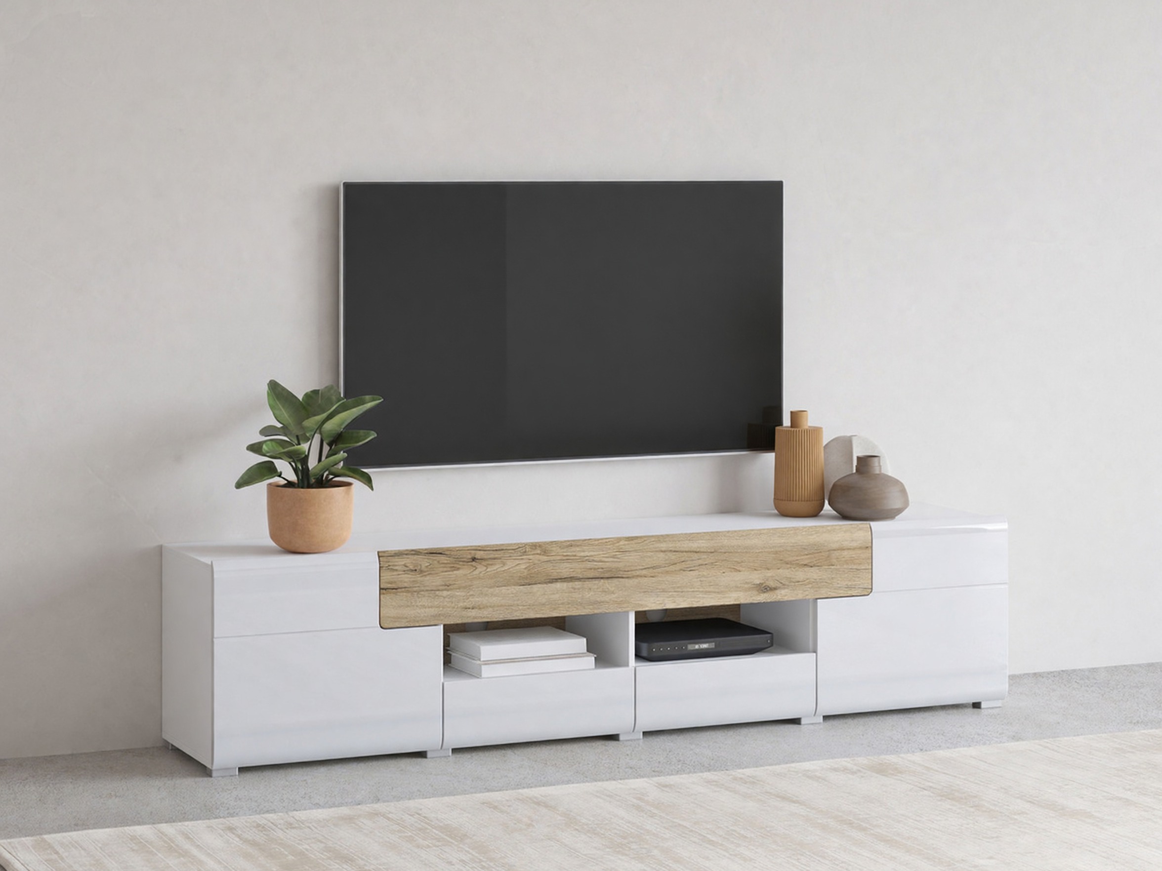 TV staliukas Torsone 113 (Balta + Blizgi balta + San Remo ąžuolas)
