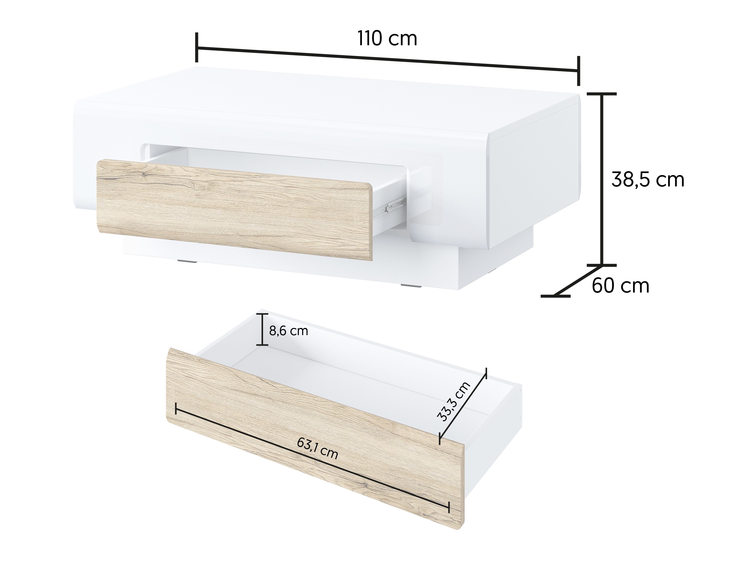 Žurnalinis staliukas Torsone 111 (Balta + Blizgi balta + San Remo ąžuolas)