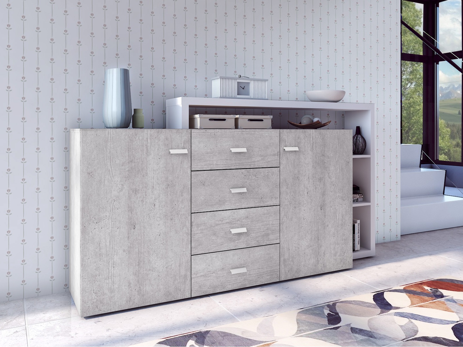 Komoda Lutiva 106 (Balta + Betonas)