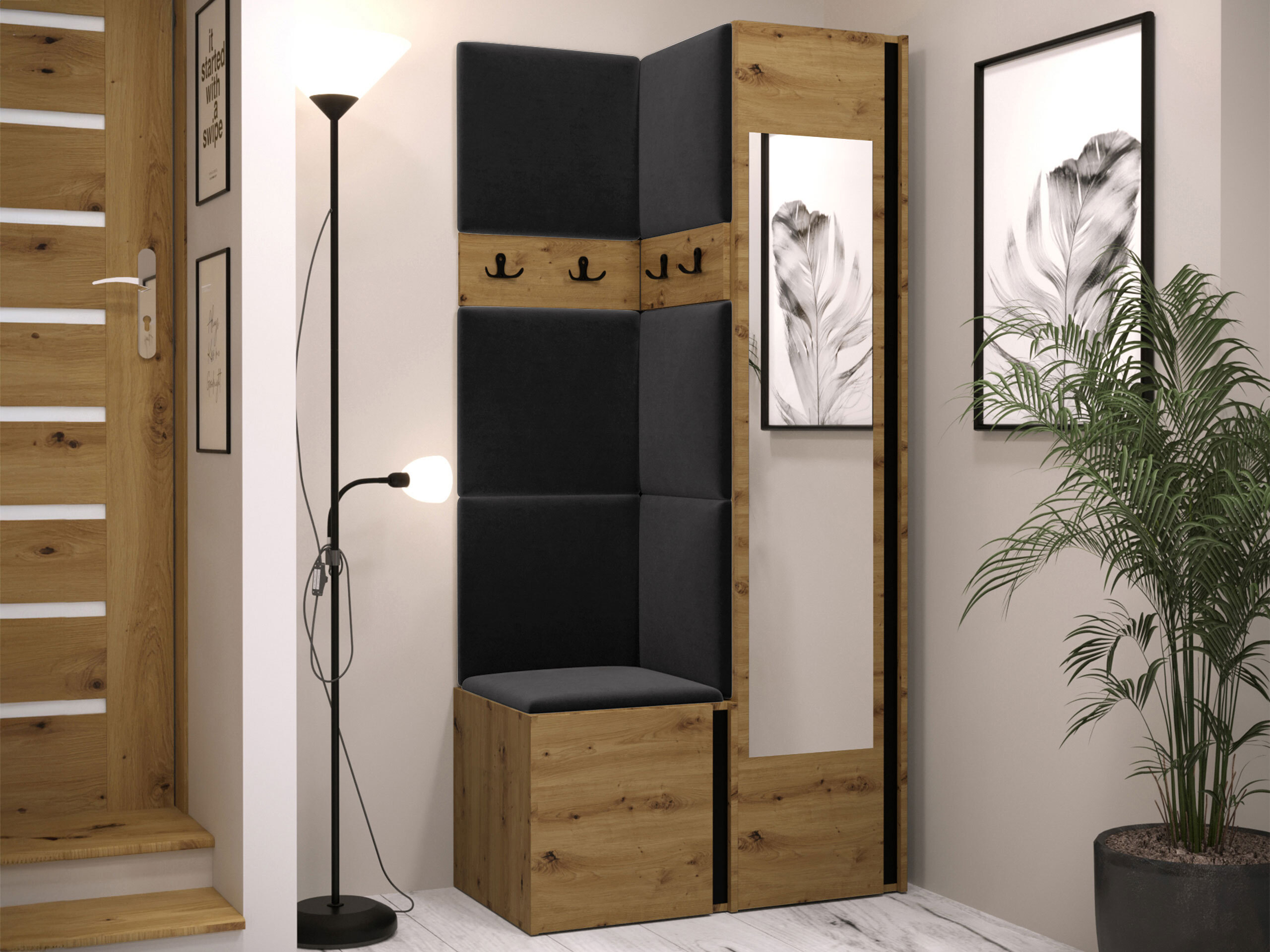 Prieškambario komplektas Pinis XXV (Artisan ąžuolas + Juoda)