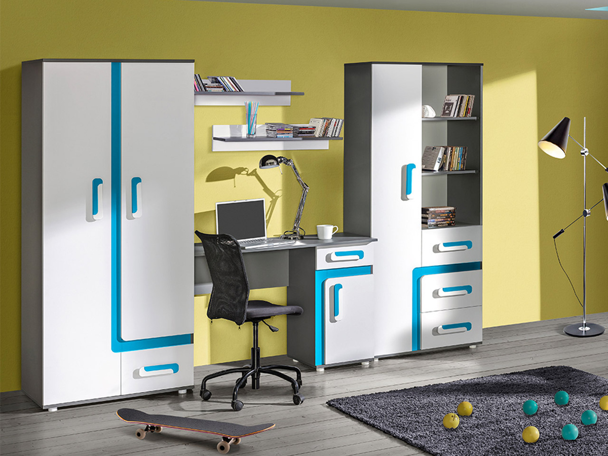 Vaikų kambario komplektas Levtala 122 (Antracitas + Balta + Turkis)