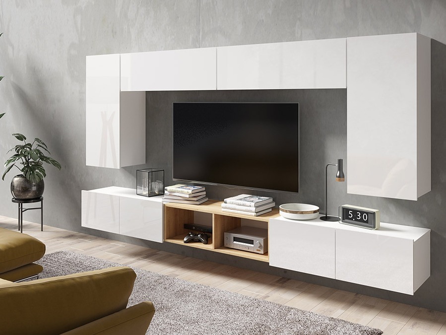 Svetainės komplektas Remus XXIII (Balta + Blizgi balta + Auksinis ąžuolas)