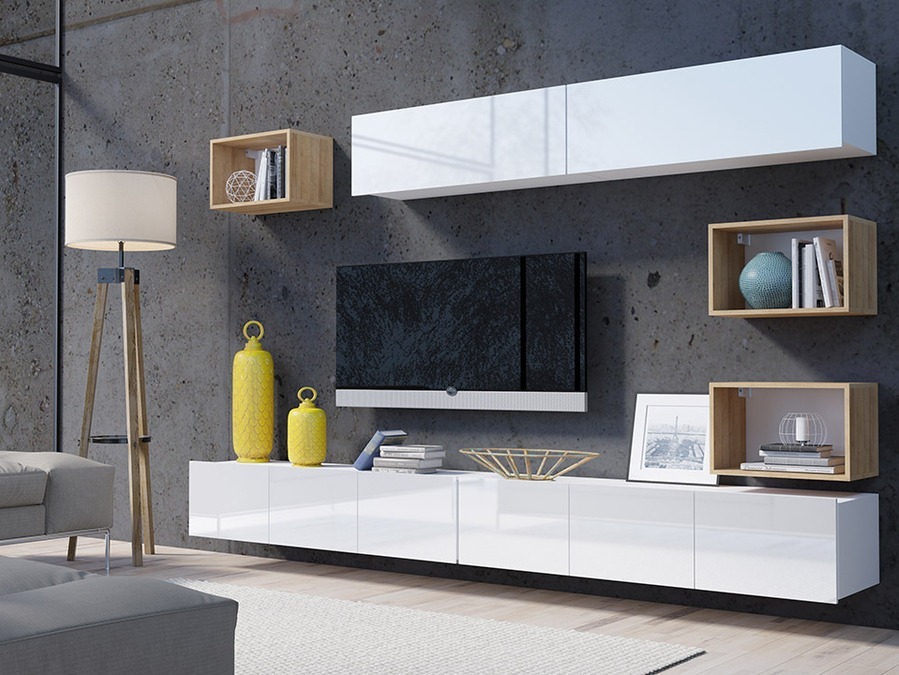 Svetainės komplektas Remus XXXI (Balta + Blizgi balta + Auksinis ąžuolas)