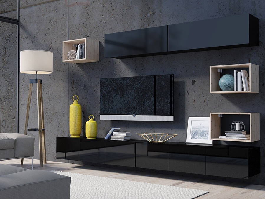 Svetainės komplektas Remus XXXI (Juoda + Blizgi juoda + Artisan ąžuolas)