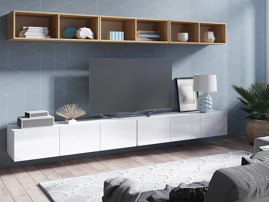 Svetainės komplektas Remus XXXIII (Balta + Blizgi balta + Auksinis ąžuolas)