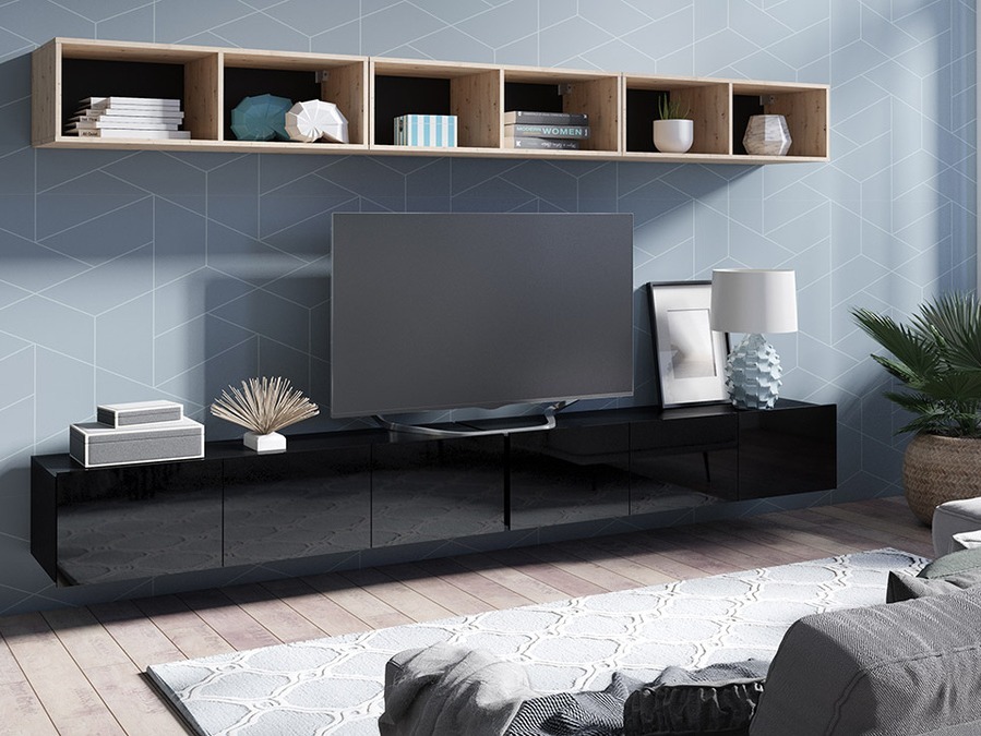 Svetainės komplektas Remus XXXIII (Juoda + Blizgi juoda + Artisan ąžuolas)