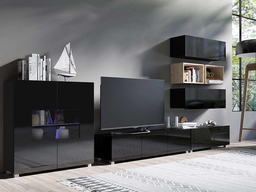 Svetainės komplektas Tivdalu 148 (Juoda + Blizgi juoda + Artisan ąžuolas)