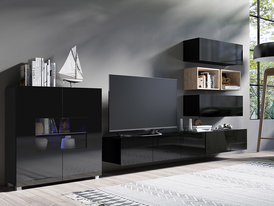 Svetainės komplektas Tivdalu 148 (Juoda + Blizgi juoda + Artisan ąžuolas)