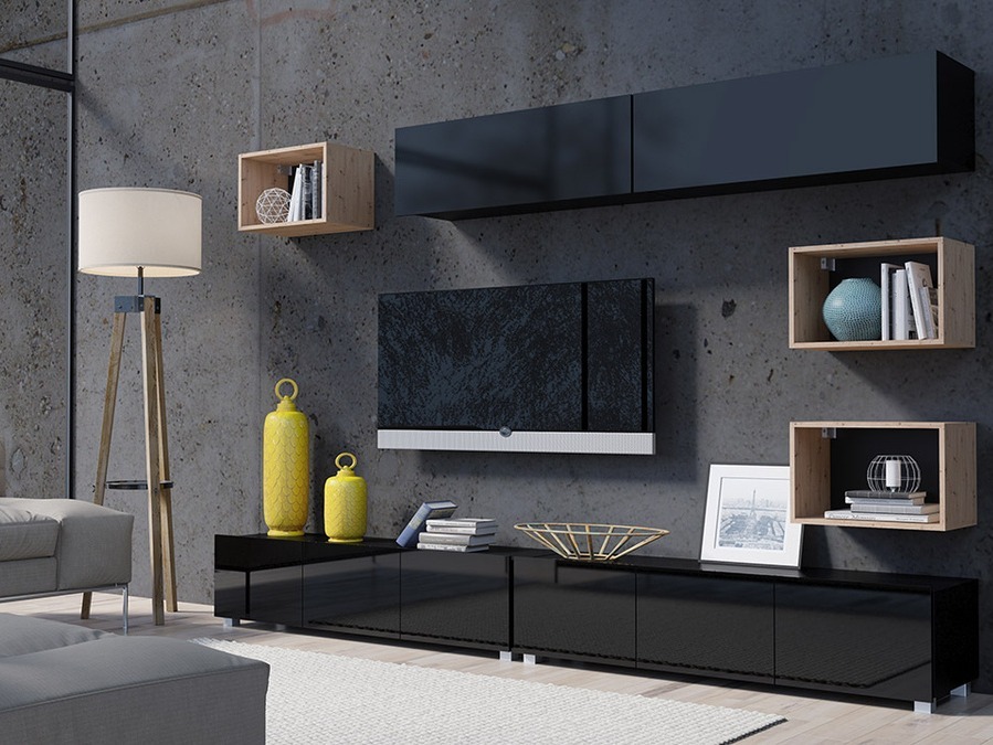 Svetainės komplektas Tivdalu 151 (Juoda + Blizgi juoda + Artisan ąžuolas)