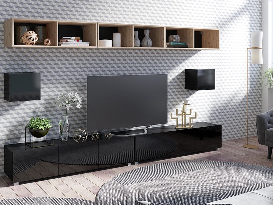 Svetainės komplektas Tivdalu 154 (Juoda + Blizgi juoda + Artisan ąžuolas)