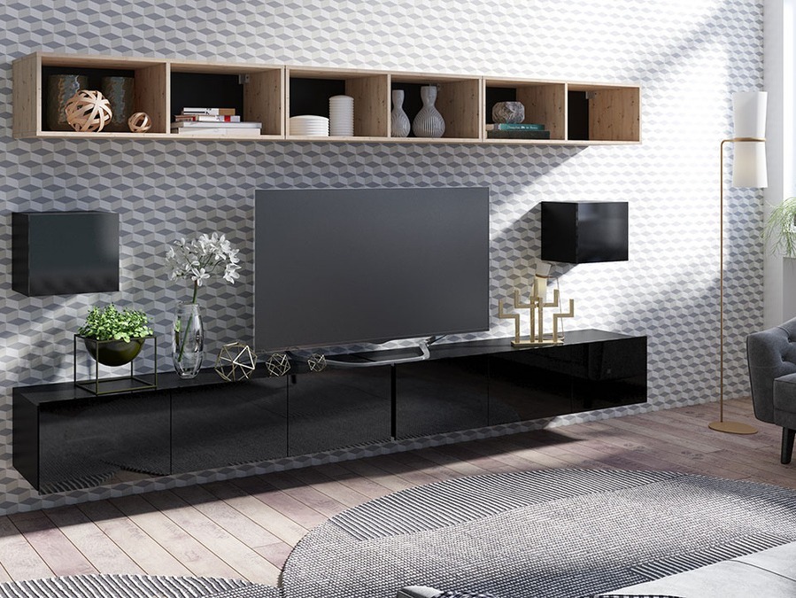 Svetainės komplektas Tivdalu 154 (Juoda + Blizgi juoda + Artisan ąžuolas)